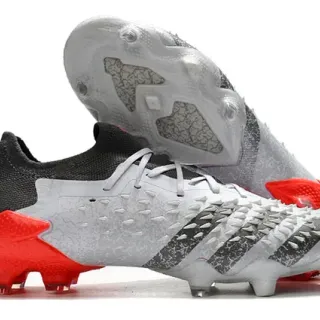 Adidas Gray Red Textured Synthetic Upper Asymmetrical Lacing Firm-Ground Soccer Shoes