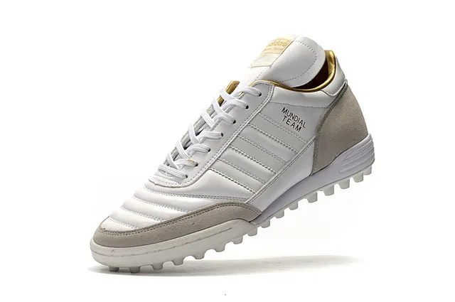 Adidas Mundial Team Branco e Cinza Dourado Gramado Sapatos de Futebol 16