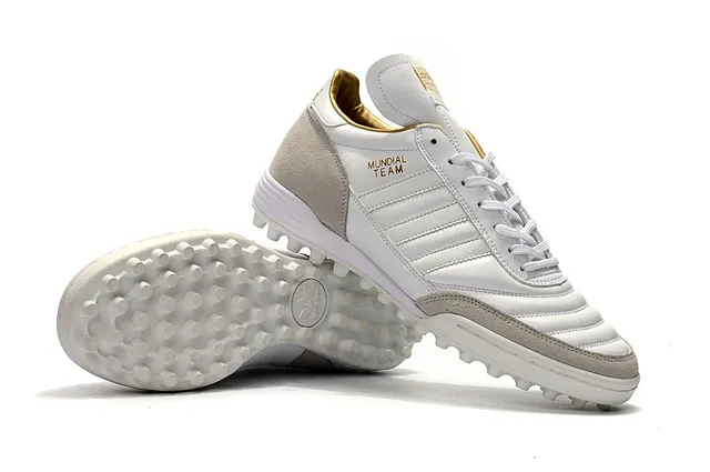 Adidas Mundial Team Branco e Cinza Dourado Gramado Sapatos de Futebol 17