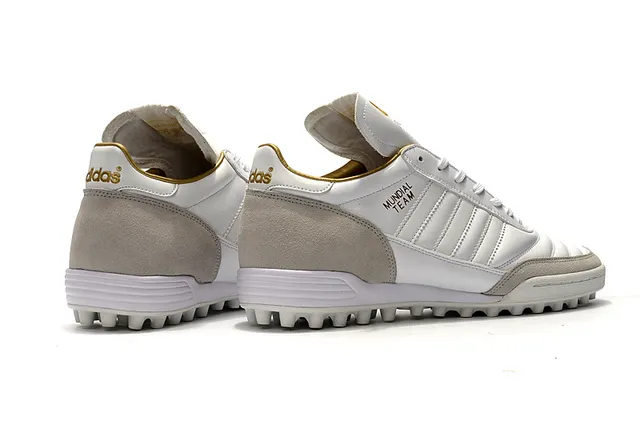 Adidas Mundial Team Branco e Cinza Dourado Gramado Sapatos de Futebol 19