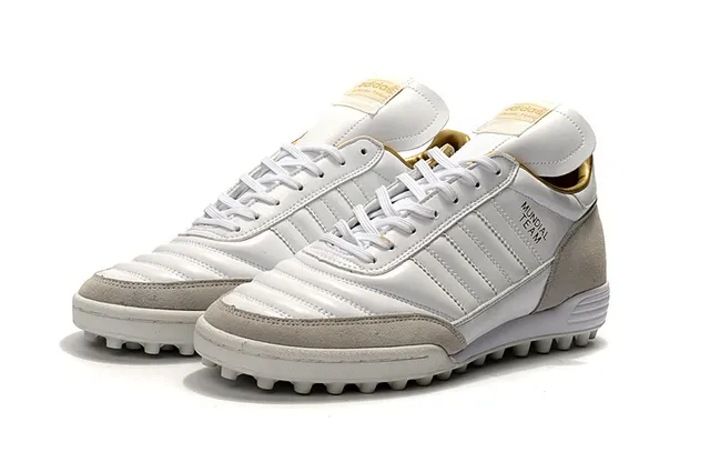Adidas Mundial Team Branco e Cinza Dourado Gramado Sapatos de Futebol 20