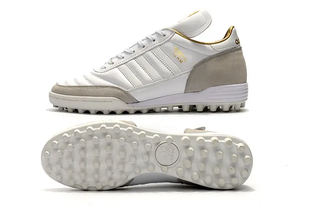 Adidas Mundial Team Branco e Cinza Dourado Gramado Sapatos de Futebol 21