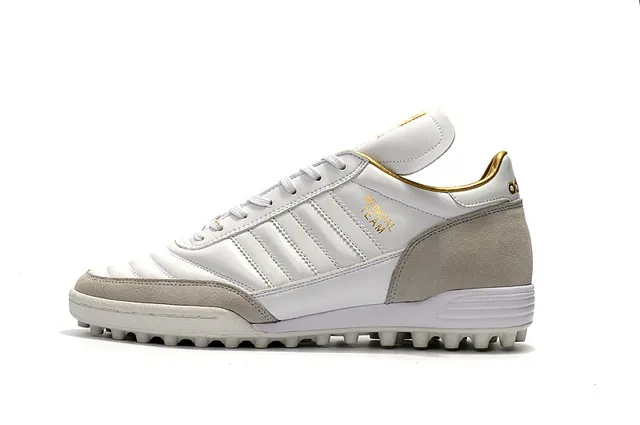 Adidas Mundial Team Branco e Cinza Dourado Gramado Sapatos de Futebol 22