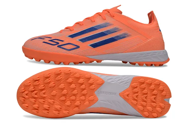 Adidas Orange Bleu Bas Coupe Tige Synthétique Trois Rayures Marque Turf Chaussures de Soccer 6