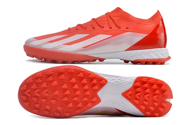 Adidas chaussures de football orange blanc coupe basse upper tricot lacets asymétriques herbe artificielle 6