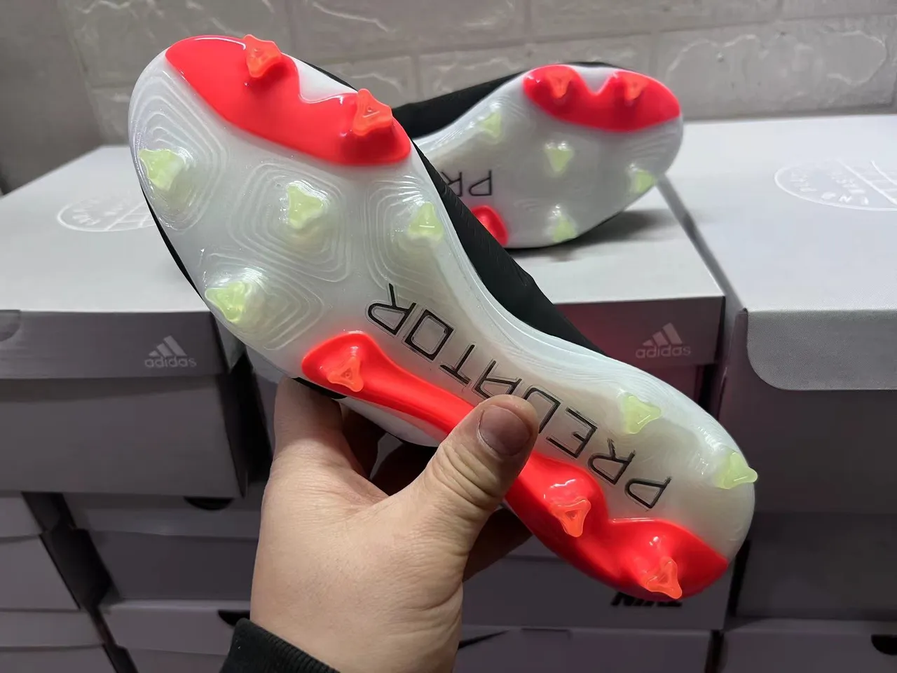 Adidas Predator Black Red Asymmetrical Lacing Textured Synthetic Upper Firm-Ground Soccer Shoes 2