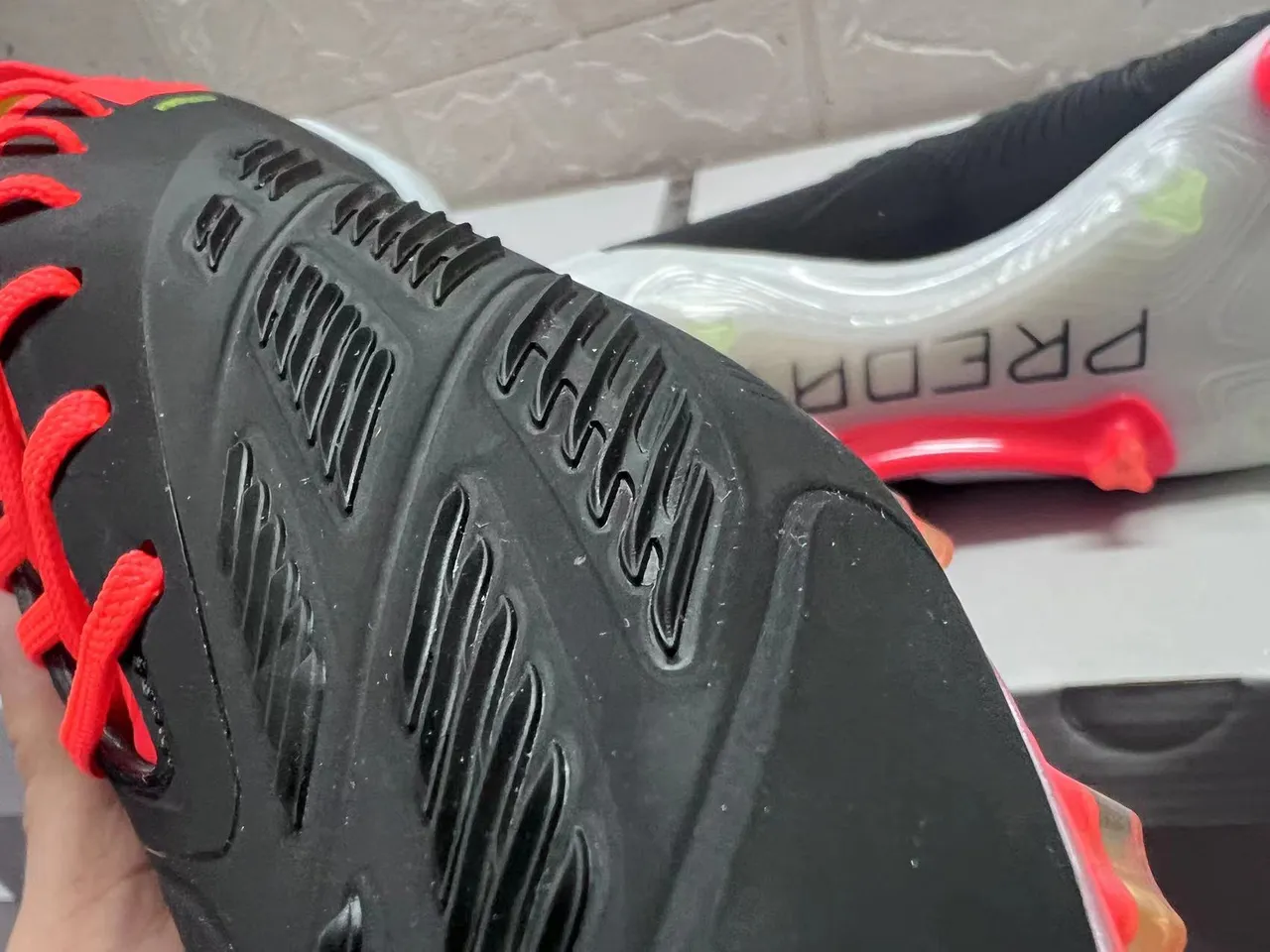 Adidas Predator Black Red Asymmetrical Lacing Textured Synthetic Upper Firm-Ground Soccer Shoes 3