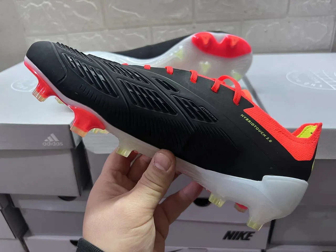 Adidas Predator Black Red Asymmetrical Lacing Textured Synthetic Upper Firm-Ground Soccer Shoes 4