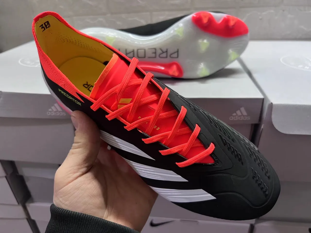 Adidas Predator Black Red Asymmetrical Lacing Textured Synthetic Upper Firm-Ground Soccer Shoes 5