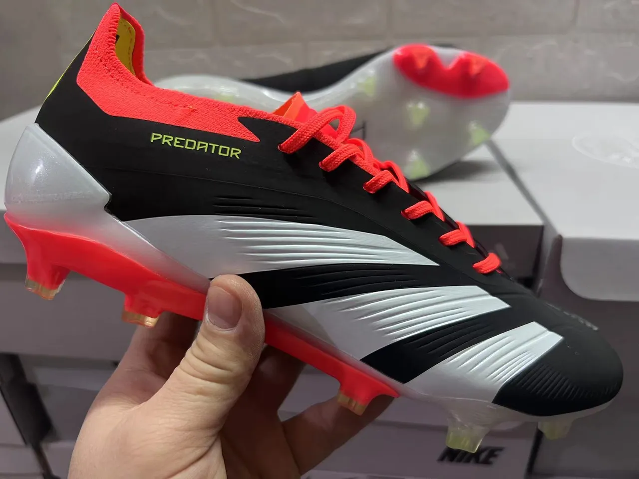Adidas Predator Black Red Asymmetrical Lacing Textured Synthetic Upper Firm-Ground Soccer Shoes 6