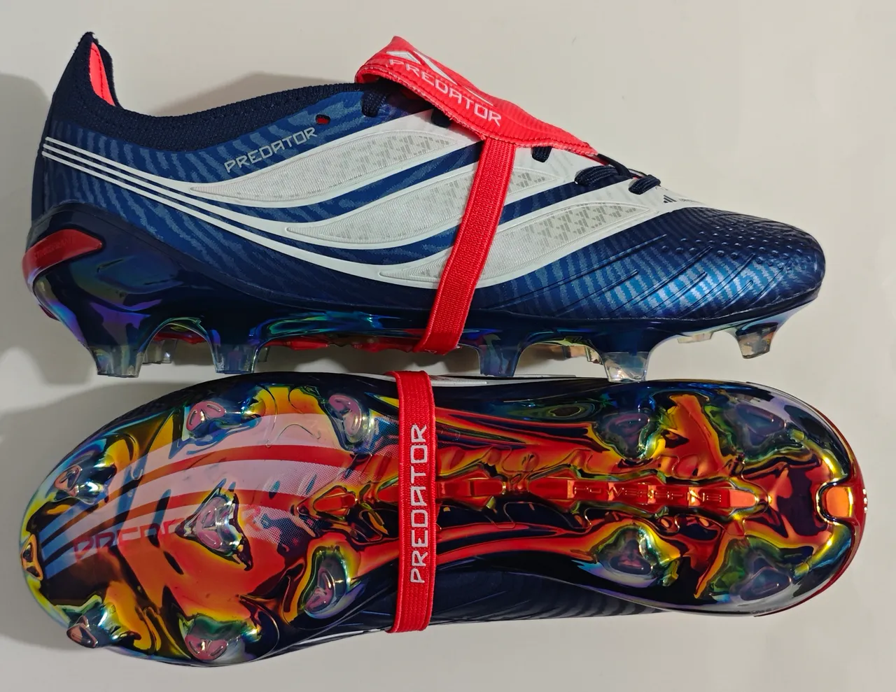 Adidas Predator Blue Red Iridescent Holographic Upper Asymmetrical Lacing Strap Firm-Ground Soccer Shoes 11