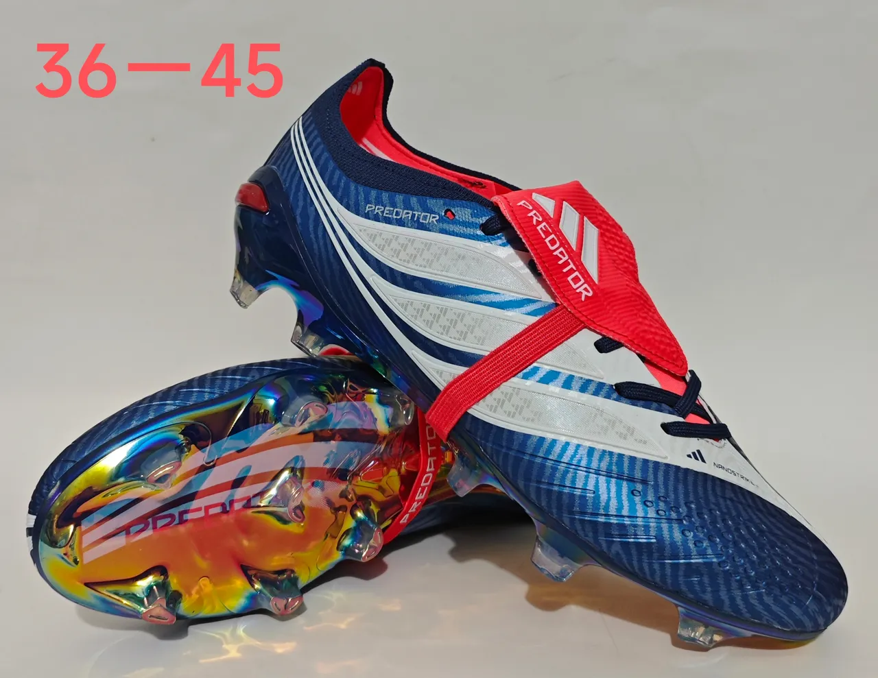 Adidas Predator Blue Red Iridescent Holographic Upper Asymmetrical Lacing Strap Firm-Ground Soccer Shoes 12
