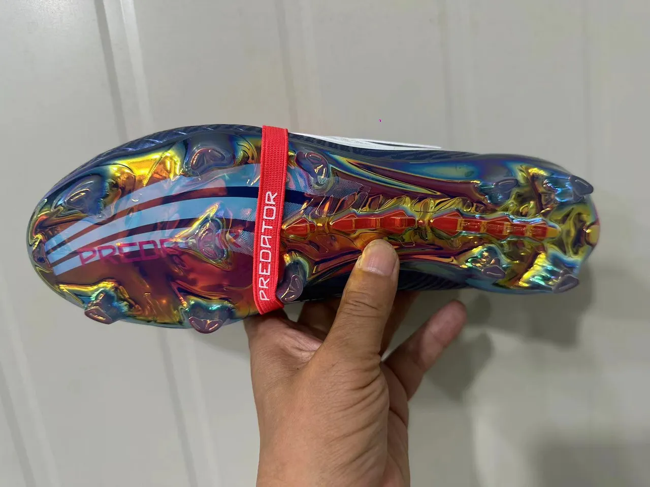 Adidas Predator Blue Red Iridescent Holographic Upper Asymmetrical Lacing Strap Firm-Ground Soccer Shoes 15