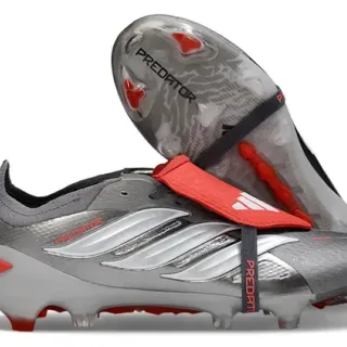 Adidas Predator Silver Red Laceless Strap Closure Metallic Synthetic Upper Firm-Ground Soccer Shoes