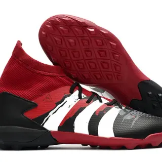 Adidas लाल काला उच्च कट मोजा फिट कॉलर असममित लेस सिस्टम टर्फ फुटबॉल जूते