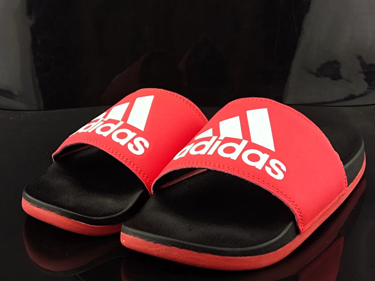 Adidas Red Black Wide Single Strap Molded Footbed Slippers 2