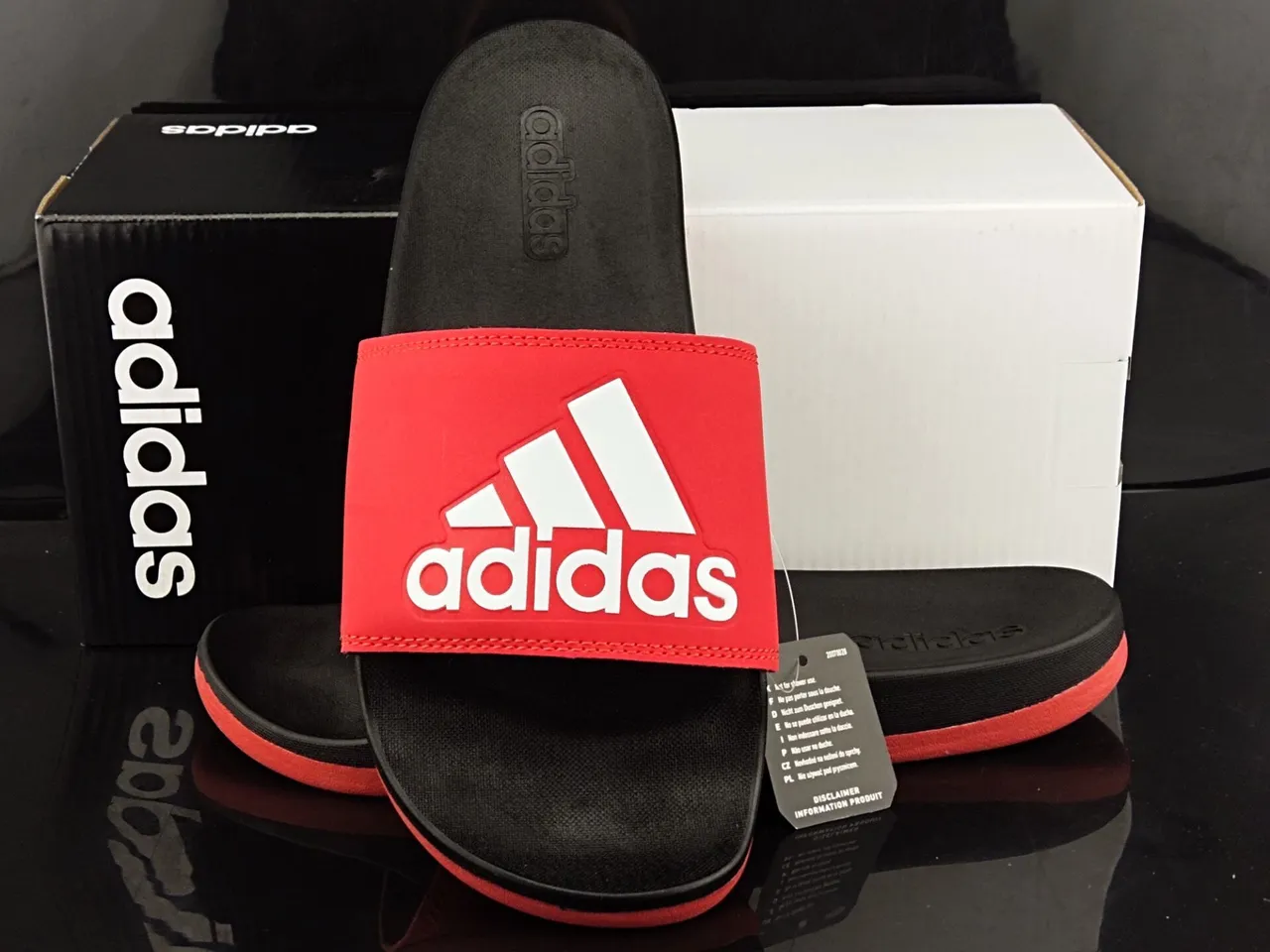 Adidas Red Black Wide Single Strap Molded Footbed Slippers 3
