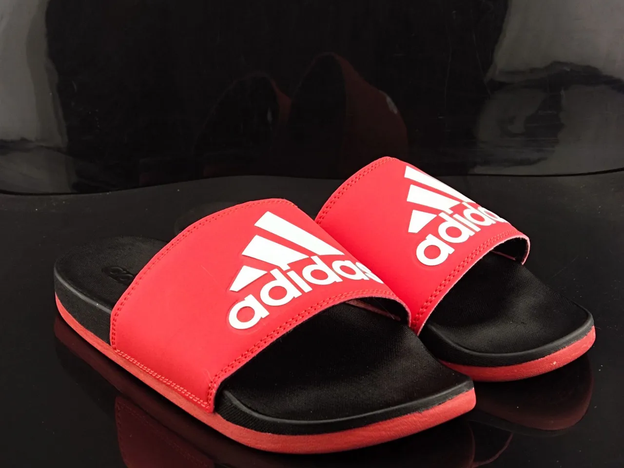 Adidas Red Black Wide Single Strap Molded Footbed Slippers 4