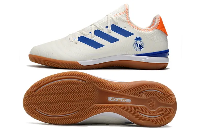 Adidas Vermelho Marinho Knit Upper Três Rayas Panel Lateral Sapatos de Futebol Indoor 5