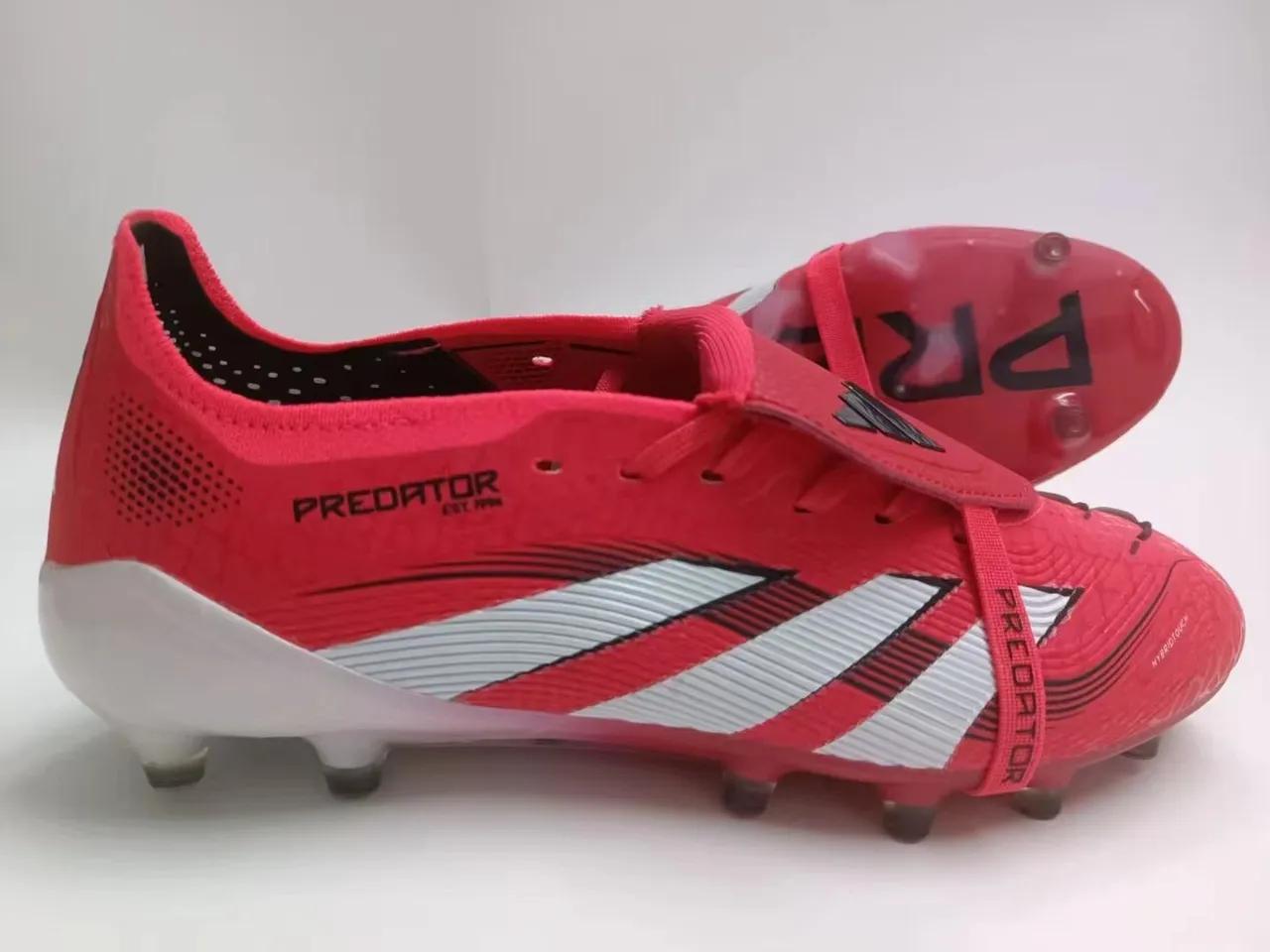 Adidas Red White Laceless Strap Closure Hybrid-Touch Textured Upper Firm-Ground Soccer Shoes 2