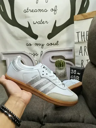 Adidas Samba White Silver Low-Top Glitter Stripe Detail Lifestyle Sneakers 5