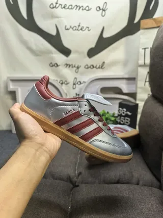 Adidas Silver Burgundy Metallic Leather Three Stripes Lifestyle Sneakers 5