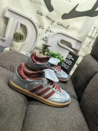 Adidas Silver Burgundy Metallic Leather Three Stripes Lifestyle Sneakers 9