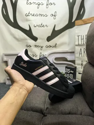 Adidas Superstar Black and Pink Stripe Lifestyle Sneakers 5