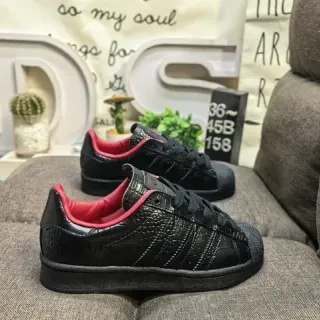 Adidas Superstar Black Red Croc-Embossed Leather Upper Interior Lining Lifestyle Sneakers