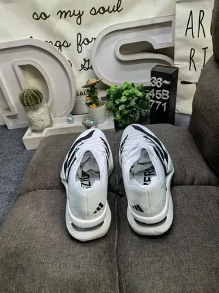 Adidas White Black Engineered Knit Upper Three Stripes Running Shoes 8