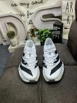 Adidas White Black Engineered Knit Upper Three Stripes Running Shoes 10