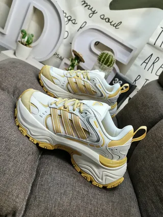 Adidas White Yellow Sole Layered Synthetic Overlays Chunky Sneakers 7
