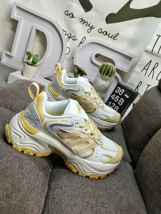 Adidas White Yellow Sole Layered Synthetic Overlays Chunky Sneakers 9