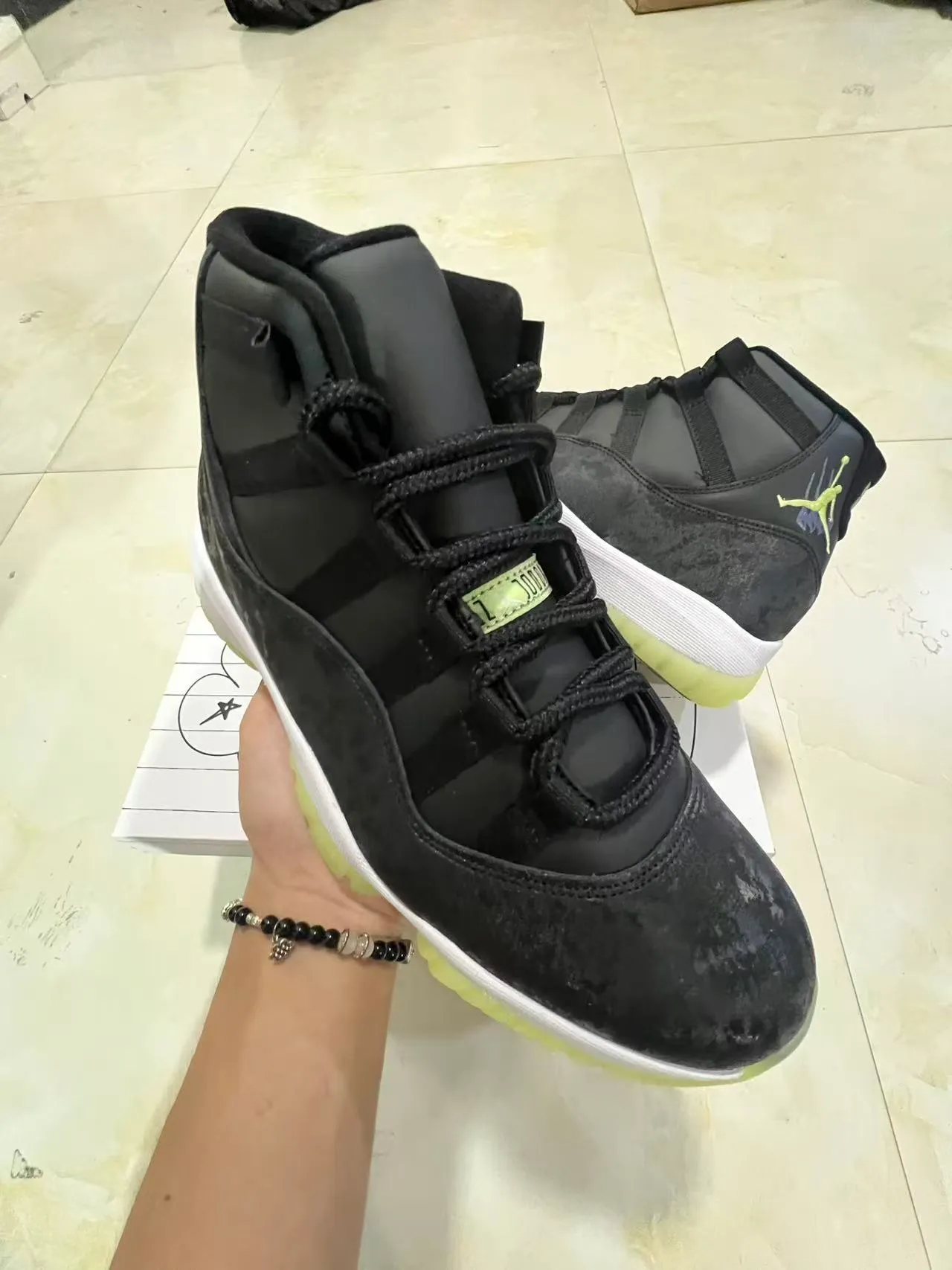 Air Jordan 11 Black Yellow High-Top Marbled Upper Basketball Shoes 2