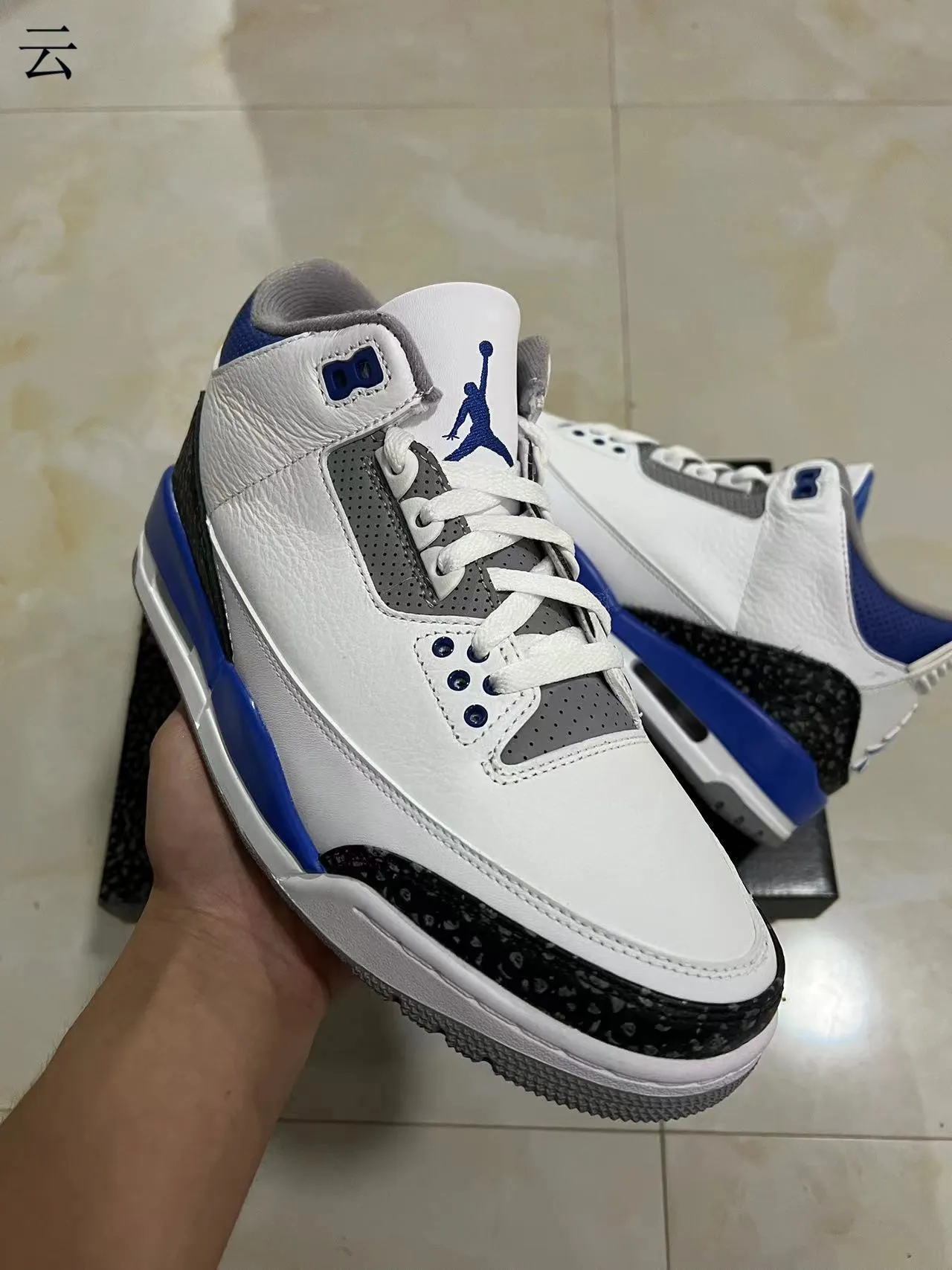 Chaussures de basketball Air Jordan 3 blanc et bleu roi à imprimé éléphant 2