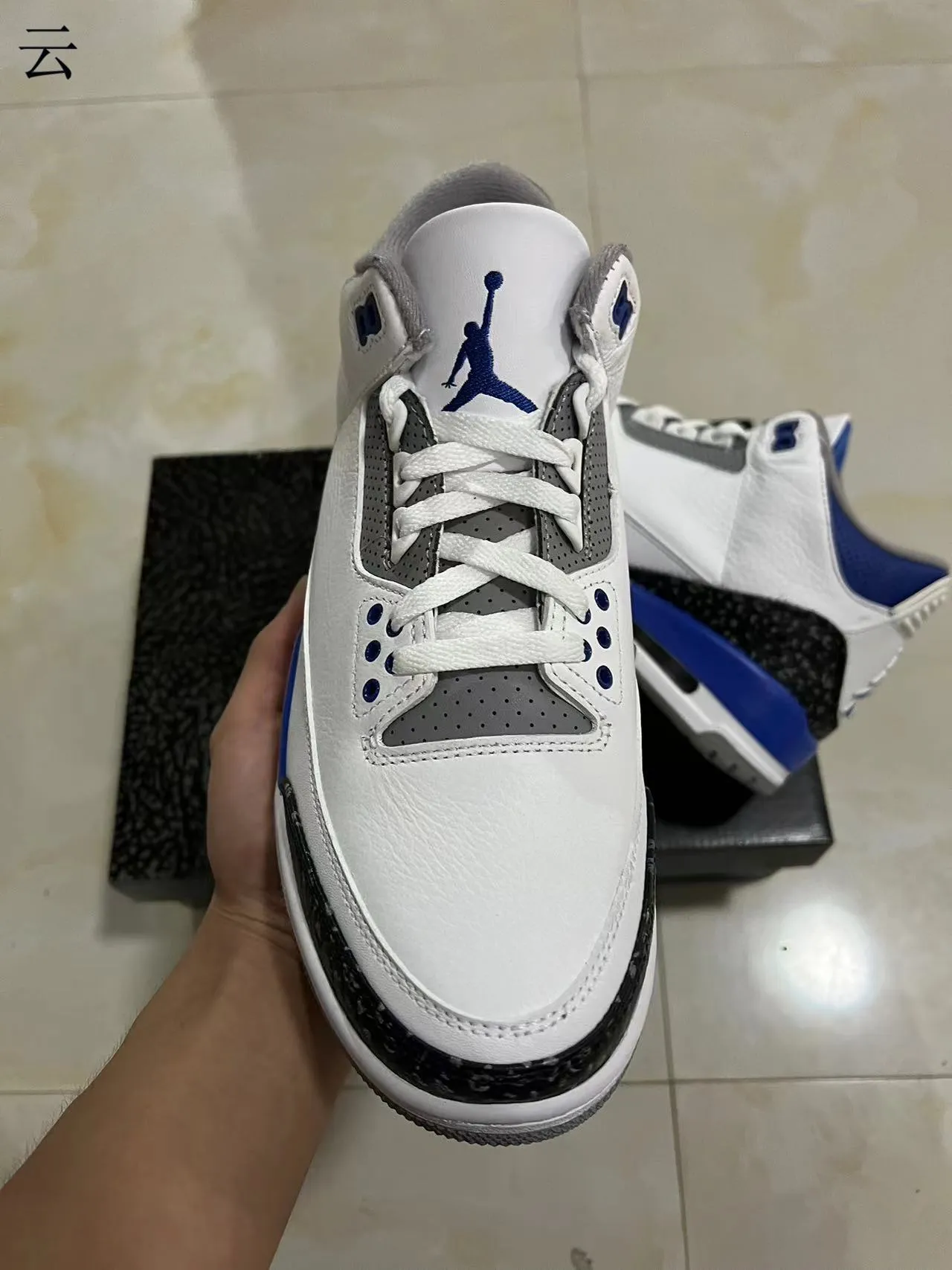 Chaussures de basketball Air Jordan 3 blanc et bleu roi à imprimé éléphant 3