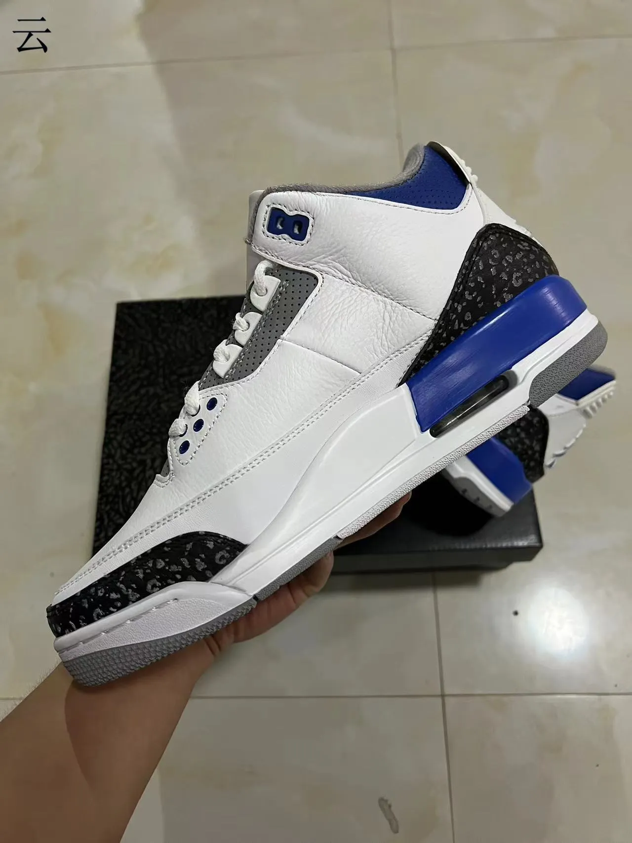 Chaussures de basketball Air Jordan 3 blanc et bleu roi à imprimé éléphant 5