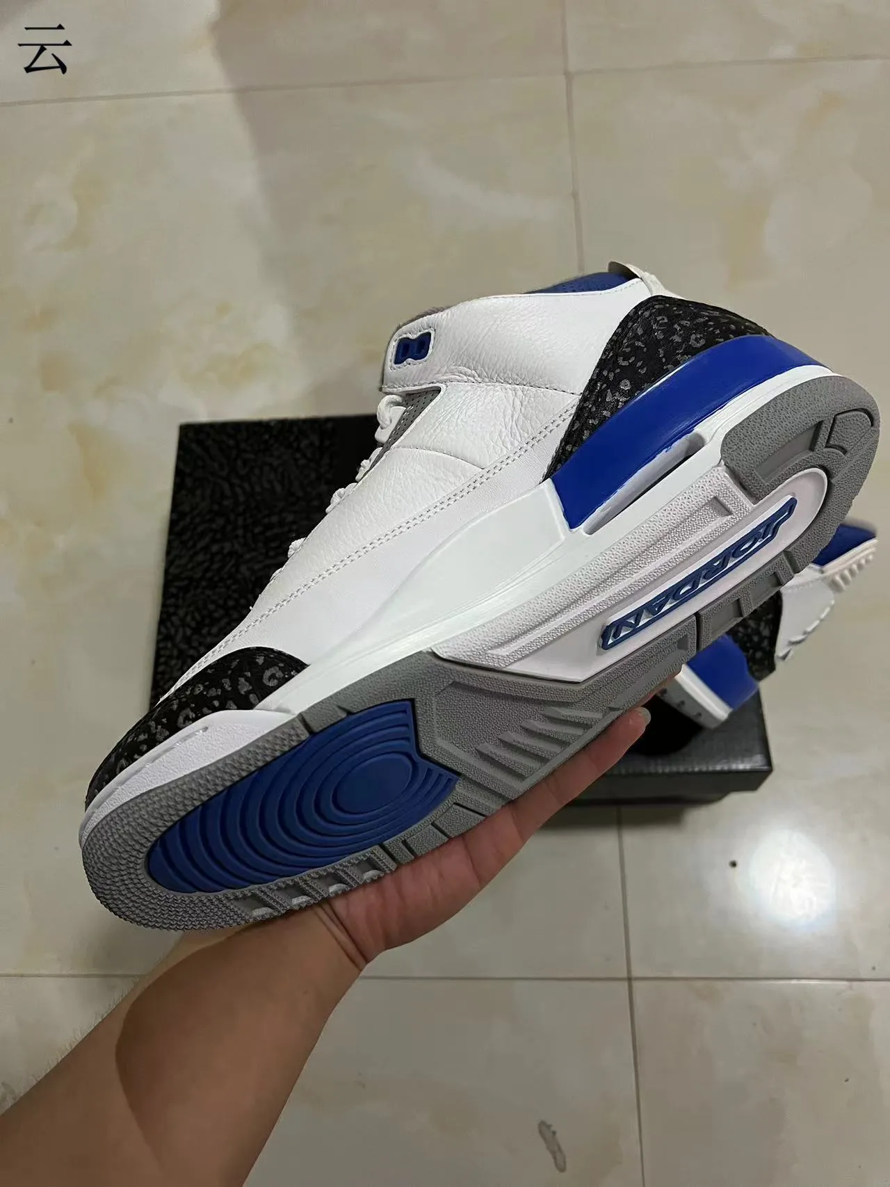 Chaussures de basketball Air Jordan 3 blanc et bleu roi à imprimé éléphant 6