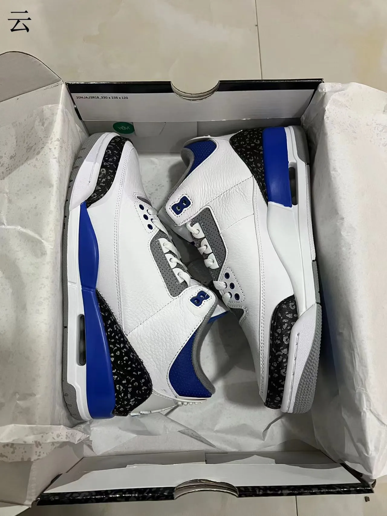 Chaussures de basketball Air Jordan 3 blanc et bleu roi à imprimé éléphant 9