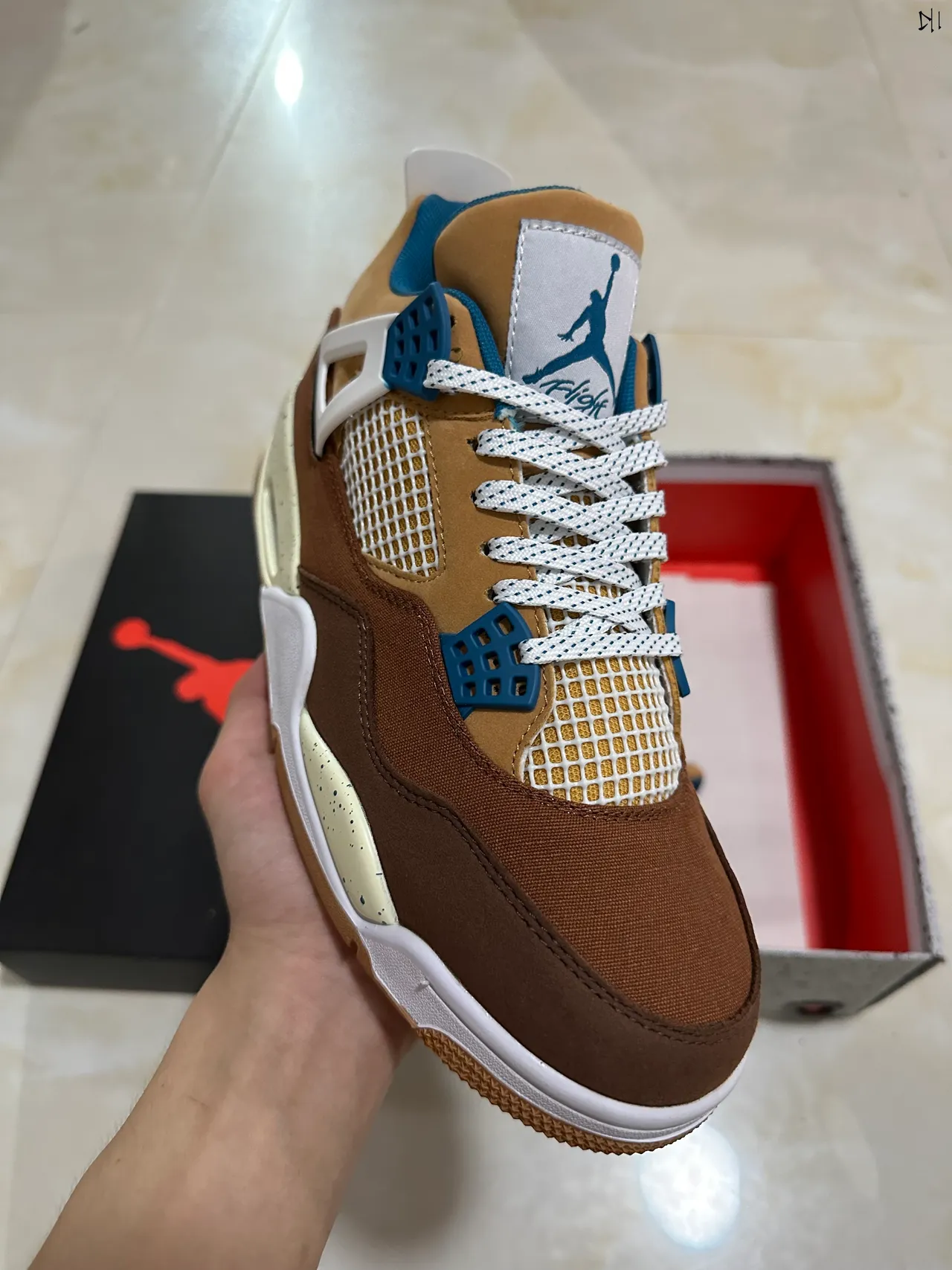 Air Jordan 4 Marrón Beige Azul Motas Zapatos de Baloncesto 2