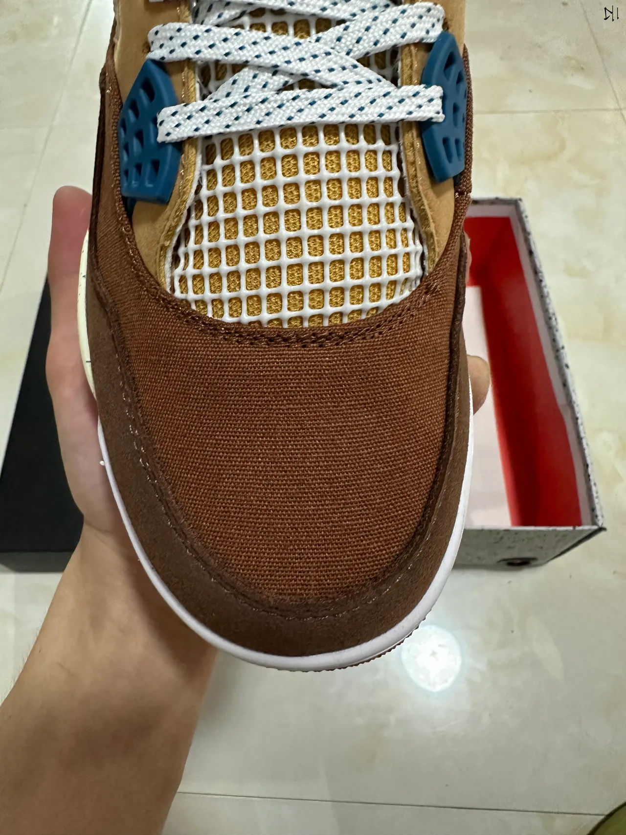 Air Jordan 4 Marrón Beige Azul Motas Zapatos de Baloncesto 3