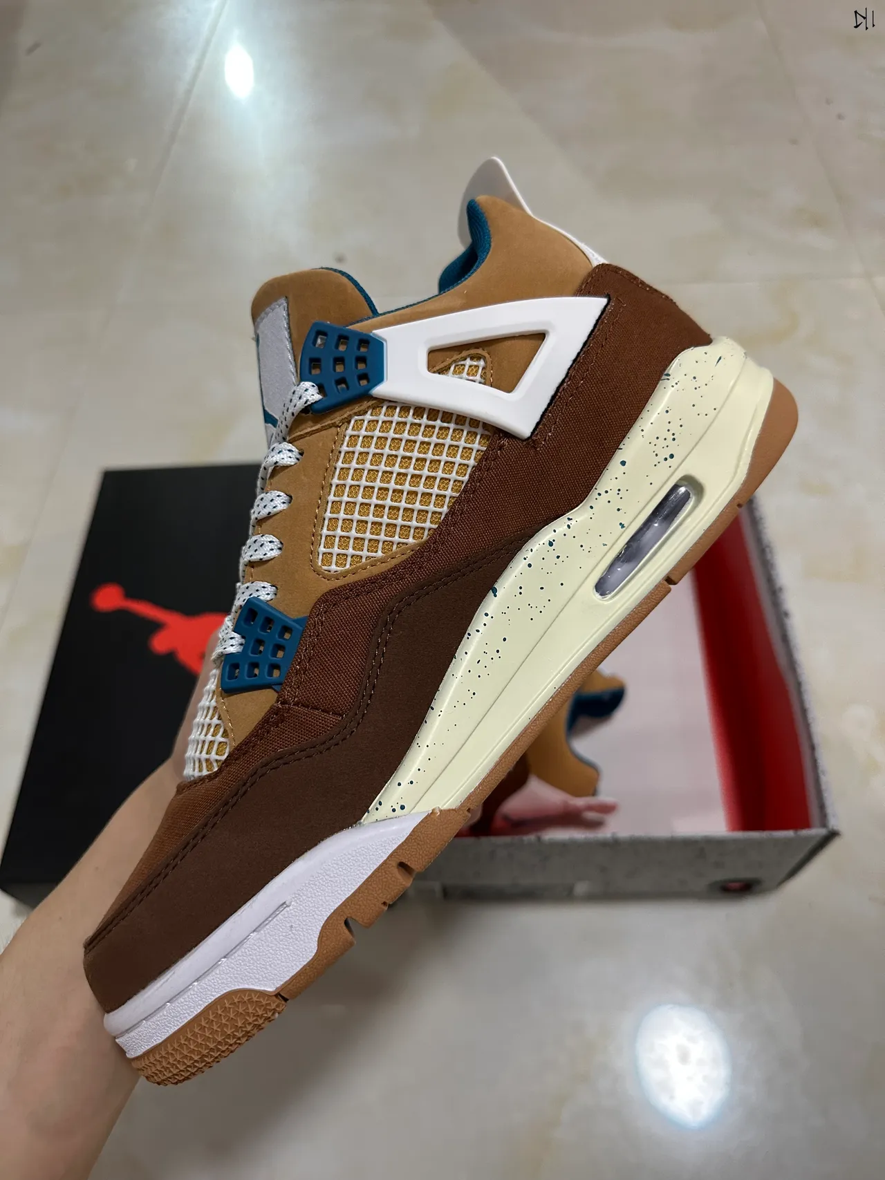 Air Jordan 4 Marrón Beige Azul Motas Zapatos de Baloncesto 5