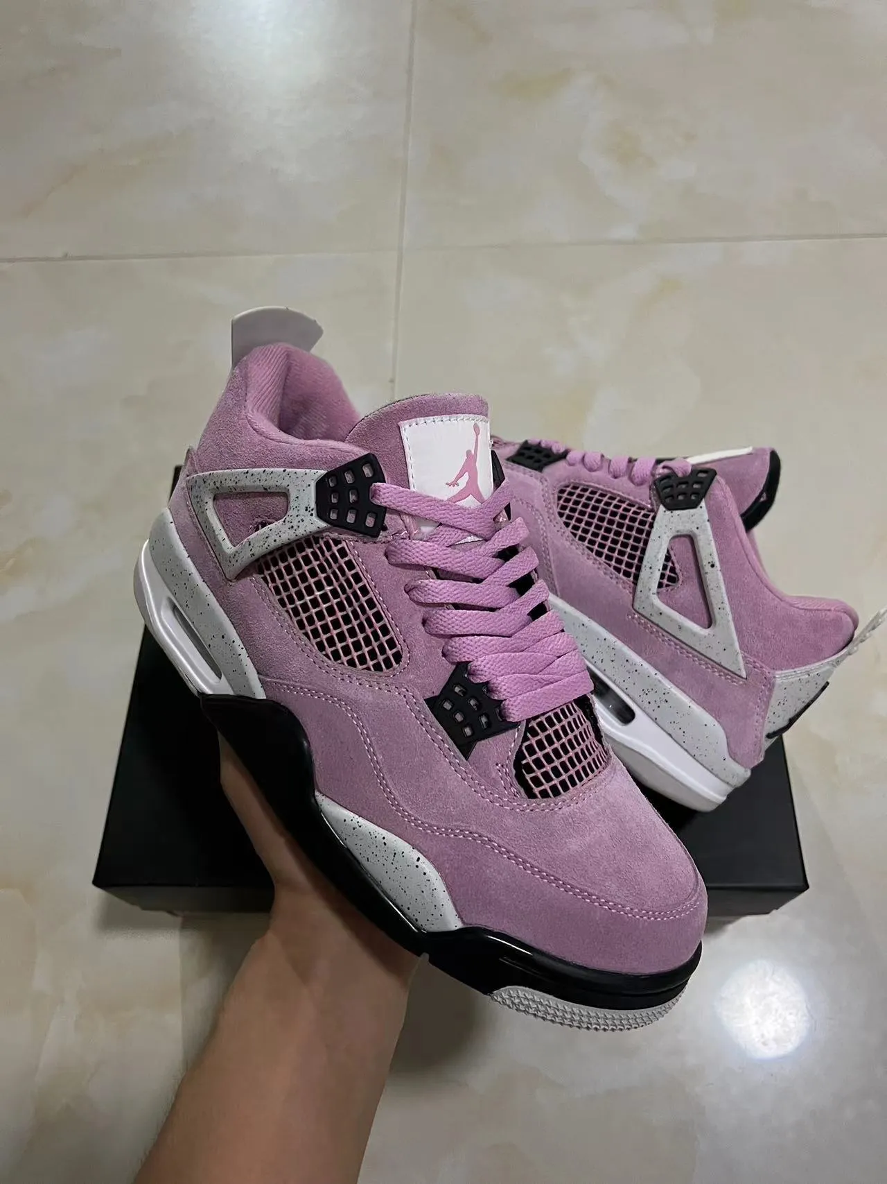 Air Jordan 4 Pink Suede Speckled White Basketball Shoes 2