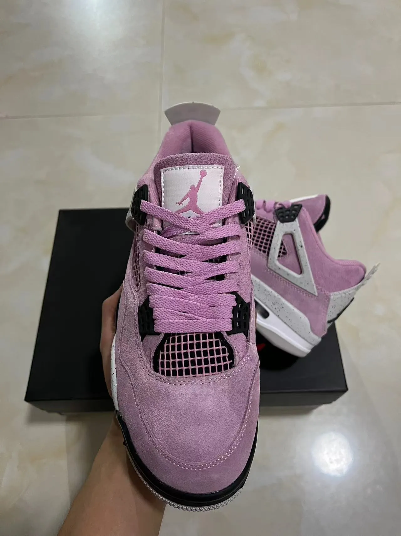 Air Jordan 4 Pink Suede Speckled White Basketball Shoes 3