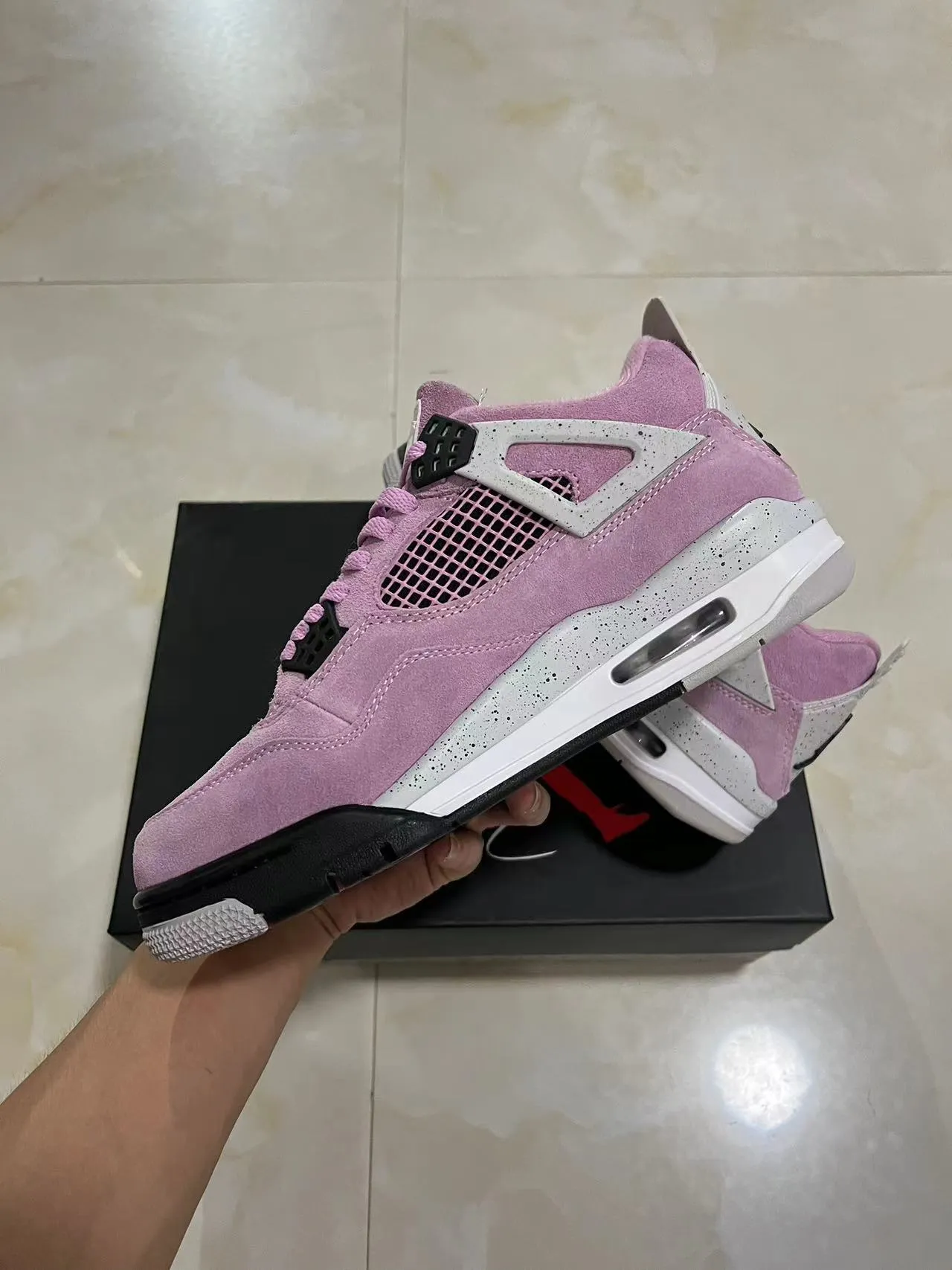 Air Jordan 4 Pink Suede Speckled White Basketball Shoes 5