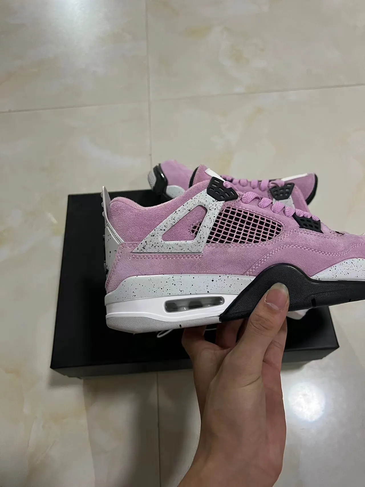 Air Jordan 4 Pink Suede Speckled White Basketball Shoes 7