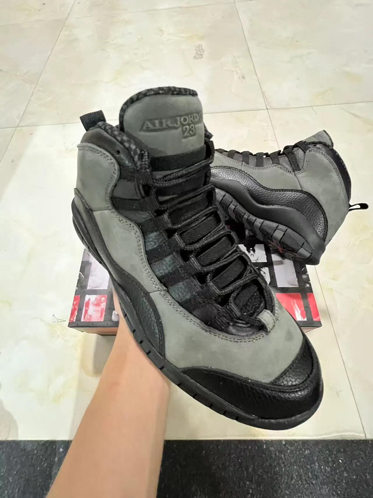 Air Jordan Gray Black High-Top Layered Suede And Pebbled Leather Basketball Shoes 2