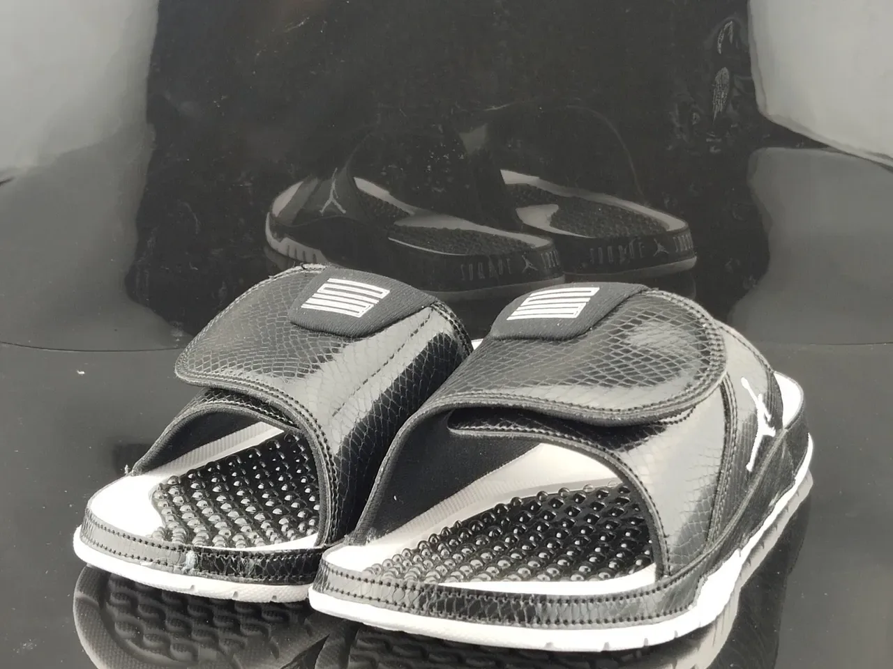 Air Jordan Slide Black Glossy Snakeskin Textured Strap Slipper 2