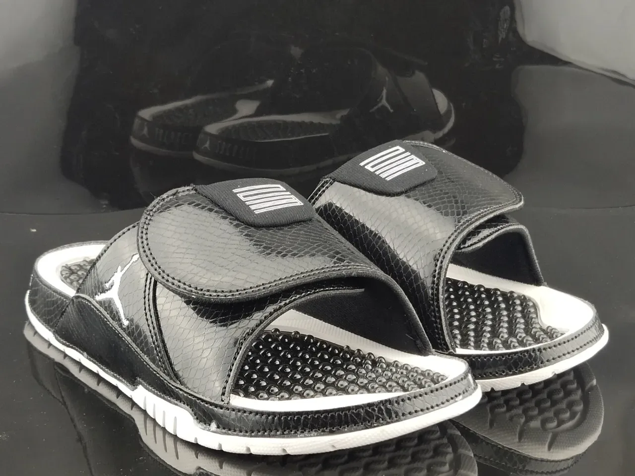 Air Jordan Slide Black Glossy Snakeskin Textured Strap Slipper 3