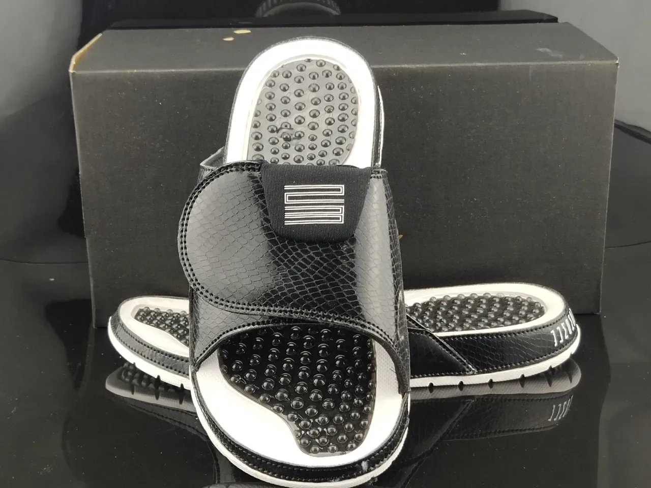 Air Jordan Slide Black Glossy Snakeskin Textured Strap Slipper 4